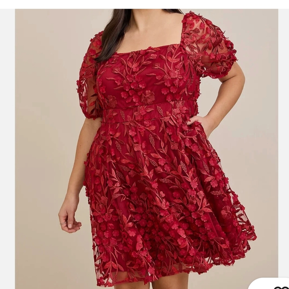 Torrid Skater Dress Womens 26 Red‎ Floral Textured Mini Puff Sleeve Goth Fairy